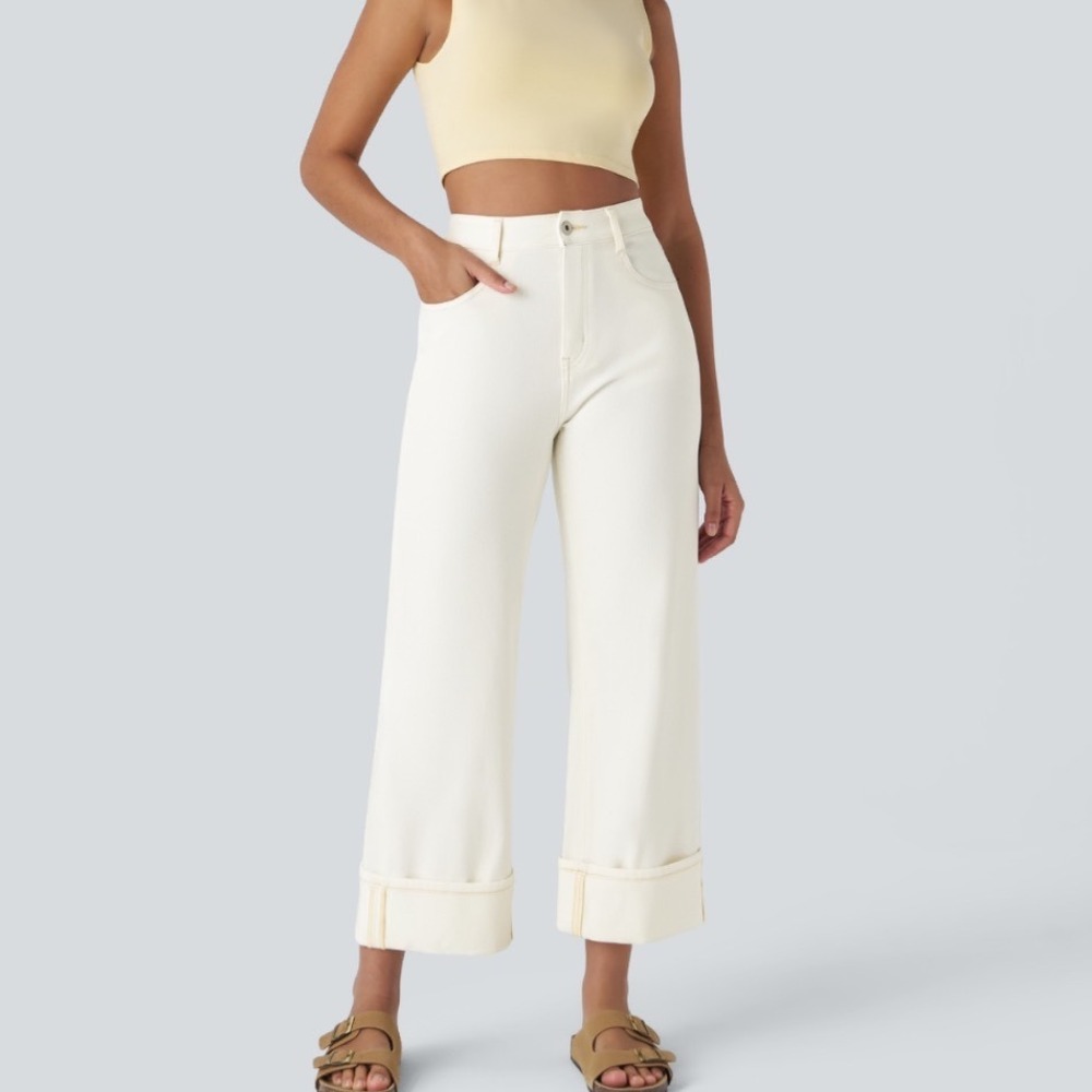 Halara Womens High Waisted Wide Leg Cuffed Hem Cream Denimβ Jeans Regular